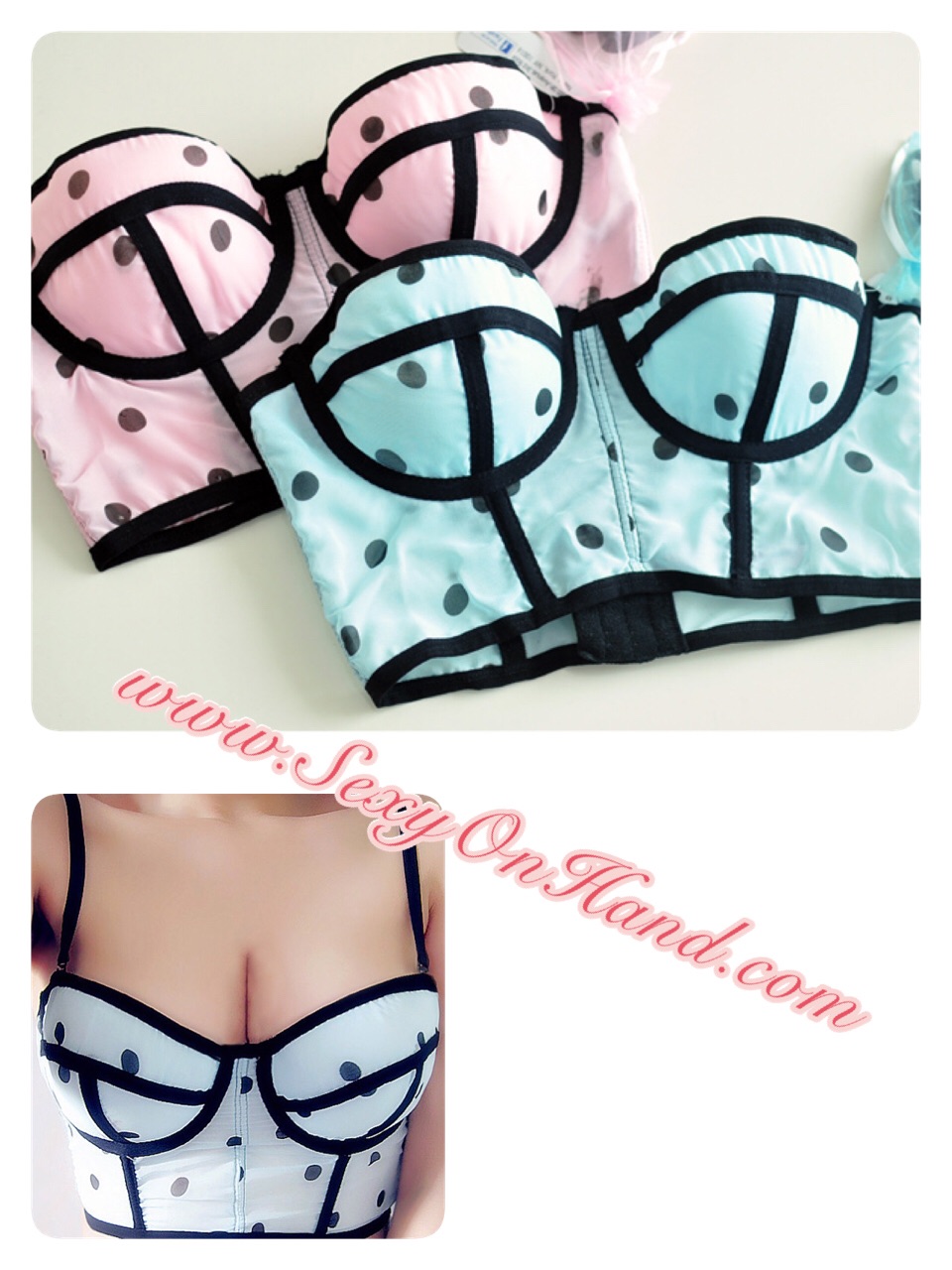 ชุดชั้นในเซ็กซี่ ชั้นในเต็มตัว งานเกรดพรีเมี่ยม ส่งญี่ปุ่น สีชมพูอ่อน ลายจุด แต่งขอบ ดำ 34B/34C