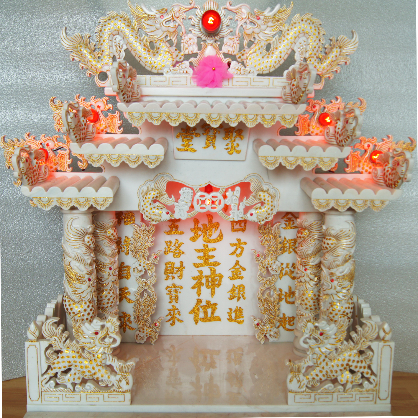 ศาลเจ้าที่หินอ่อน (ตี่จู้หินอ่อน ตี่จู้เอี๊ยะ) ขนาด 27 นิ้ว (มั่งมีศรีสุข)888 หินสีขาว เกล็ดทอง