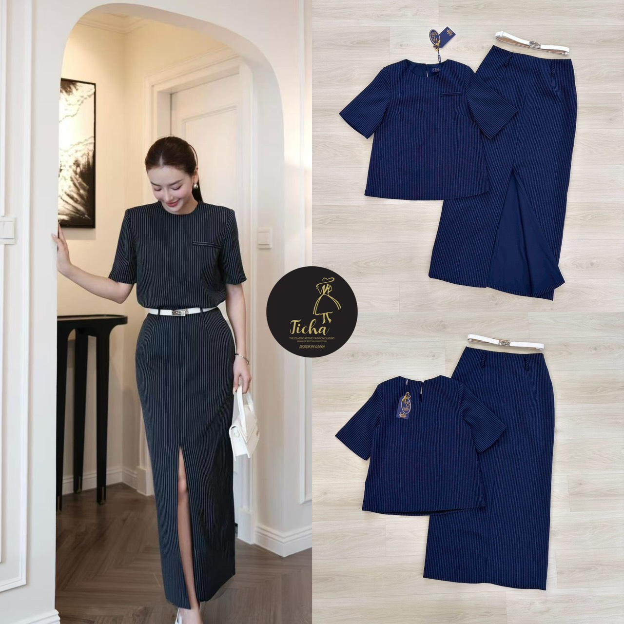 ชุดเซทแฟชั่น Set 3 ชิ้นเสื้อ+กระโปรง+เข็มขัด เสื้อแขนสั้นสีกรมลายตรงคอกลม ทรงโอเวอร์ไซส์