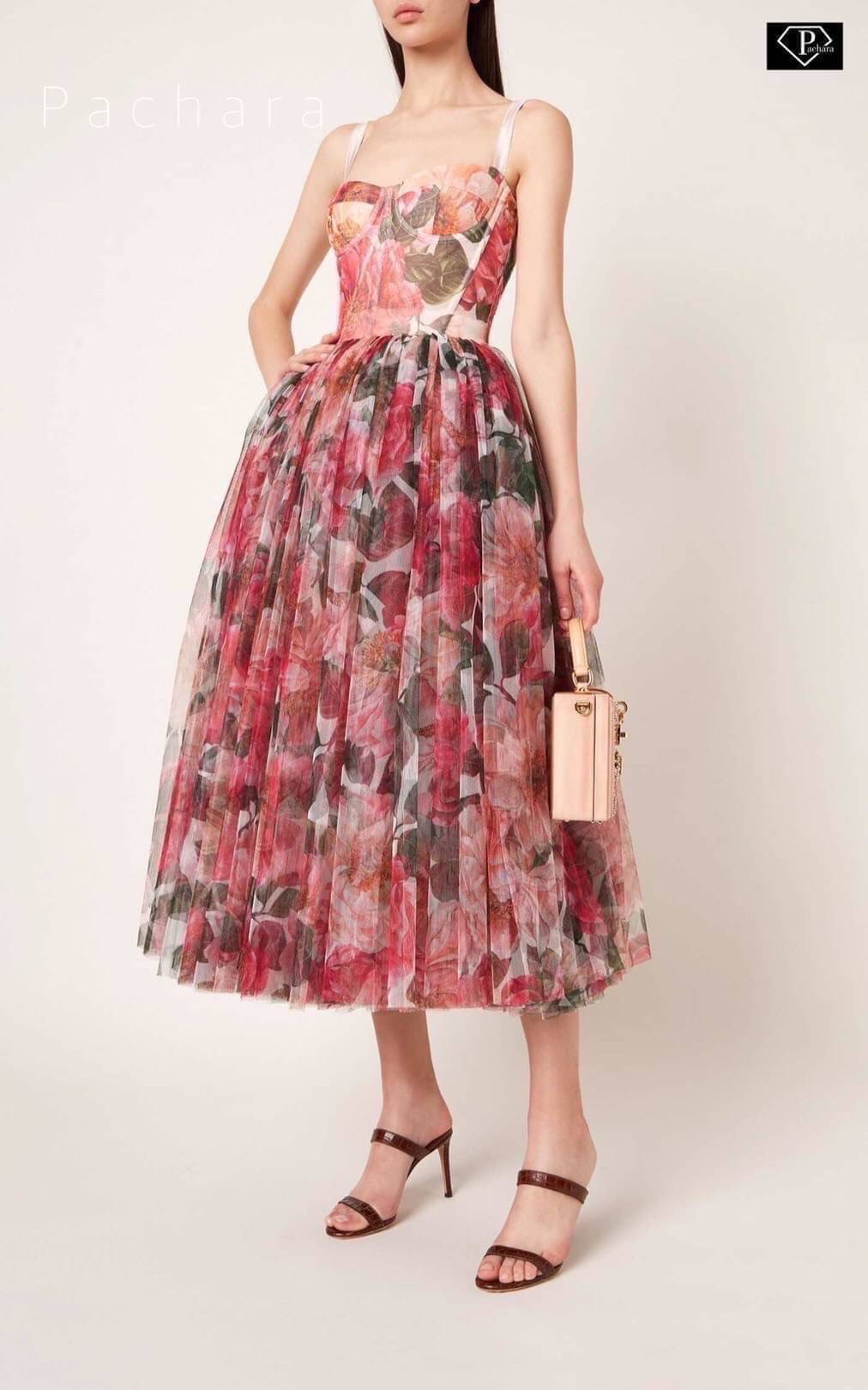 เดรสแฟชั่น เดรสลูกไม้ตาข่ายลายดอกกุหลาบสีชมพูแดง เนื้อผ้าลูกไม้ตาข่ายเนื้อนิ่มเกรดพรีเมี่ยม