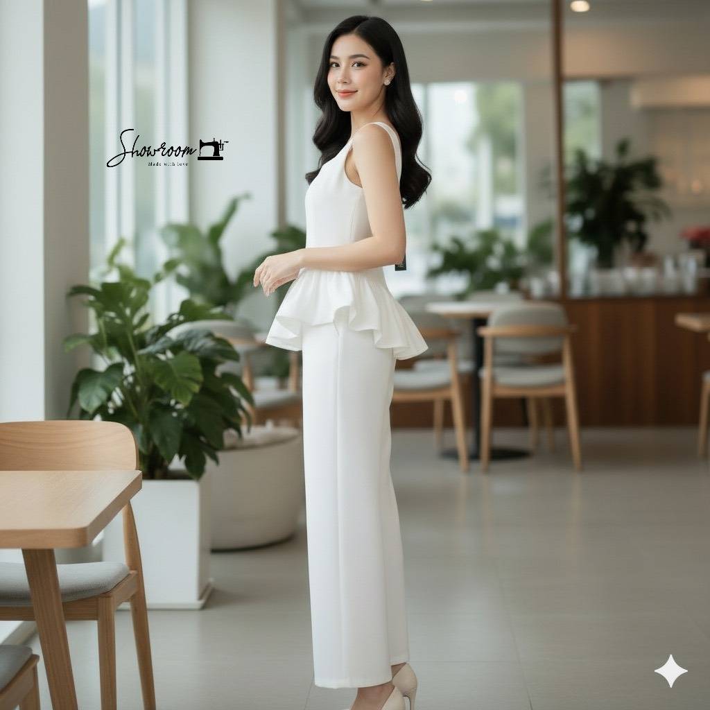 ชุดเซทแฟชั่น ตัวเสื้อชายตัดต่อระบายดูเก๋มาก กางเกงขายาวทรงสวย ใช้ผ้าอย่างดีในการตัดเย็บ