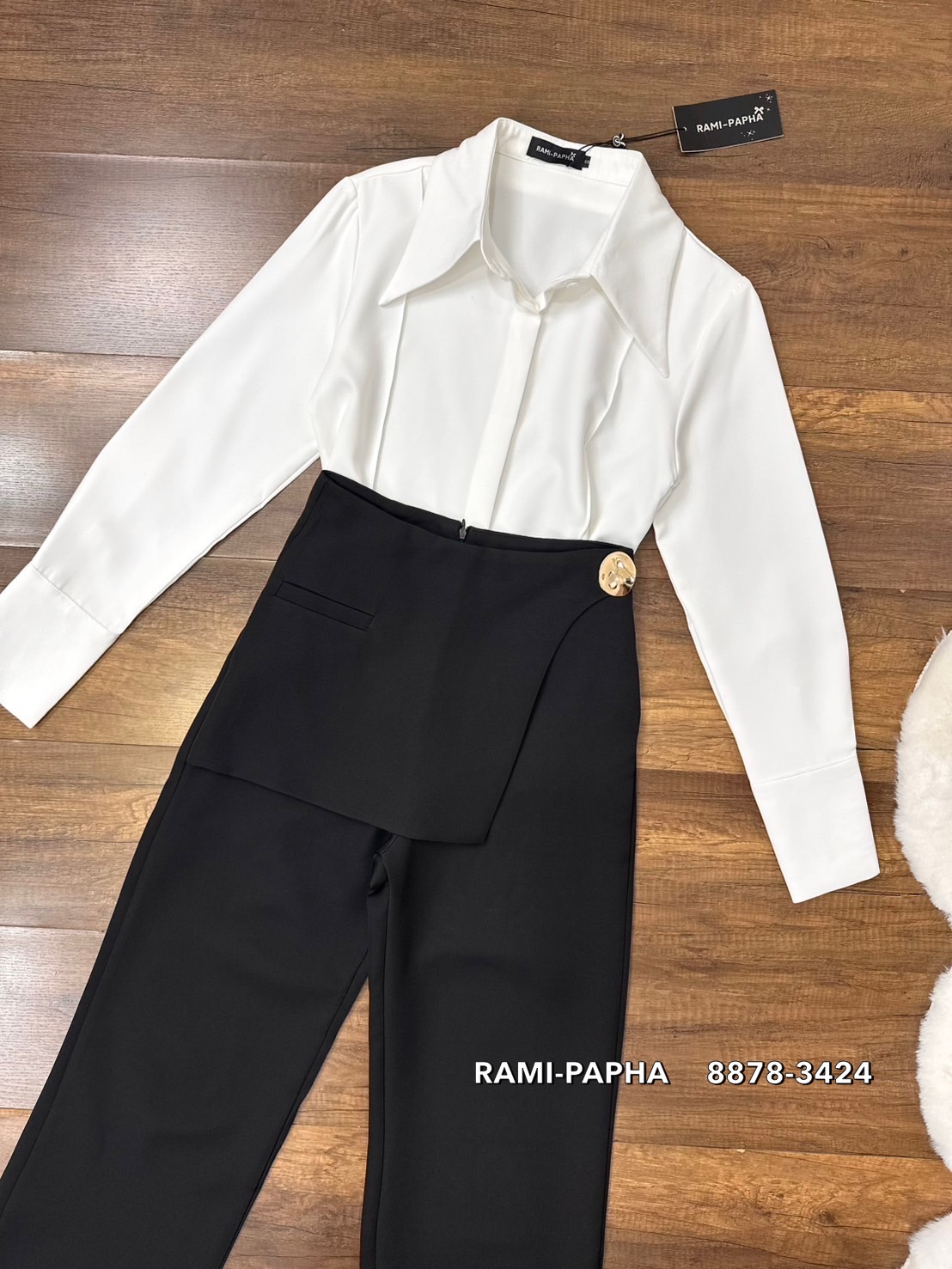 ชุดเซทแฟชั่น เสื้อเชิ้ตคอปกดีไซน์เก๋ ด้านหน้ากุ๊นเป็นเส้นตรง กระดุมซ่อนด้านหน้าใช้งานได้จริง