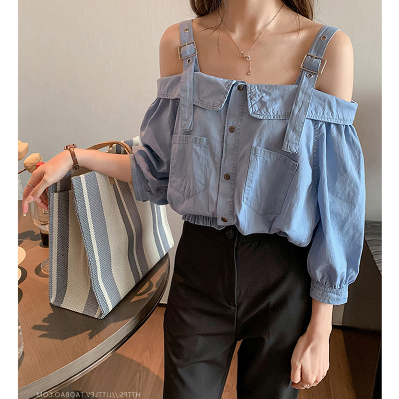 เสื้อยีนส์สายเดี่ยว ปาดไหล่สุดน่ารัก กระดุมหน้า สายบ่าเข็มขัดปรับได้