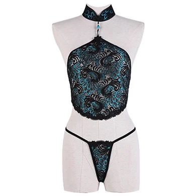 ชุดนอน คล้องคอ กึ่งคอร์เซ็ต ลายแพนนกยูงสีเขียว แต่งลายสวย หรูมากคะ+ถุงน่อง+ จีสตริงเจ้าชุด สำเนา