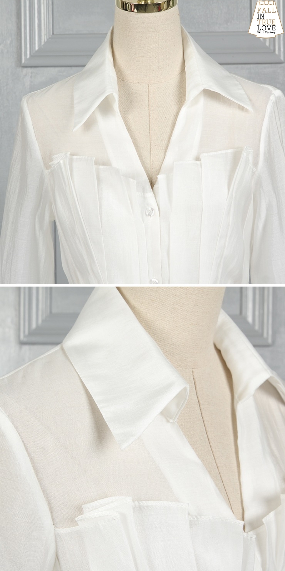 เสื้อแฟชั่น เสื้อเชิ้ตคอวีจับจีบทวิสต์ช่วงตัวรอบตัวหน้าหลังแบบเรียบหรู