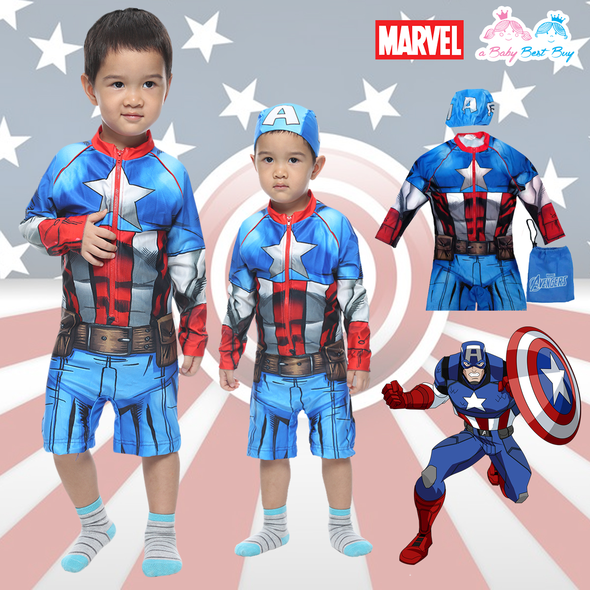 '' ( For Kids สำหรับเด็กอายุ 6เดือน-14 ปี ) Swimsuit for Boys ชุดว่ายน้ำ เด็กผู้ชาย Captain America ชุดว่ายน้ำ บอดี้สูท เสื้อแขนยาวกางเกงขาสั้นซิบหน้า สีน้ำเงิน ลาย Captain America เสมือนจริง มาพร้อมหมวกว่ายน้ำและถุงผ้า สุดเท่ห์ ใส่สบาย