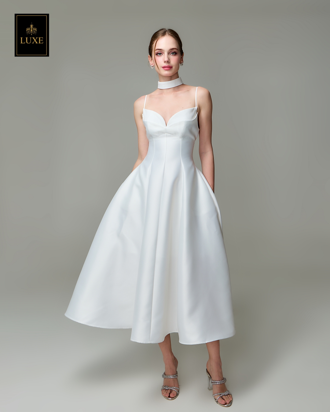 เดรสแฟชั่น เดรสเสื้อสายเดี่ยว ดีเทลหน้าอกโค้ง ซ้อน2เลเยอร์ กระโปรงบานทรงวงกลม