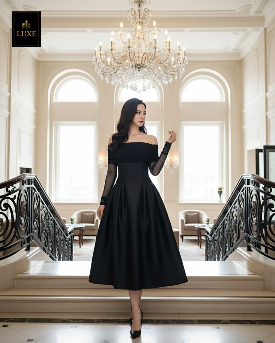 เดรสแฟชั่น เดรสเสื้อแขนยาวเปิดไหล่ กระโปรงยาวคลุมเข่า แขนเสื้อซีทรู