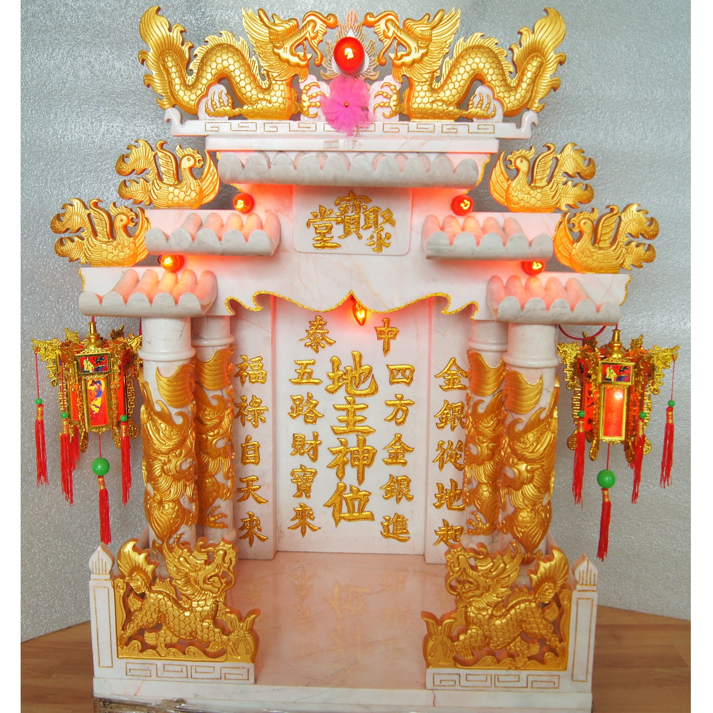 ศาลเจ้าที่หินอ่อน (ตี่จู้หินอ่อน ตี่จู้เอี๊ยะ) ขนาด 24 นิ้ว 4 เสา 5 หลังคา หินสีขาว พ่นทอง