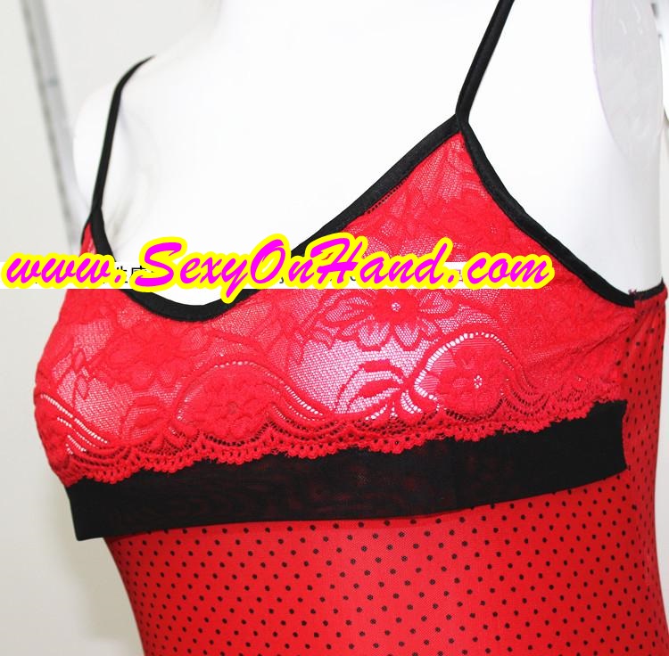 ชุดนอน สายเดี่ยว ซีทรู สีแดงลายจุด แต่งลูกไม้ช่วงอก และเล่นระบายชาย เกรดผ้าพรีเมี่ยม งานส่งยุโรปเกรดหรู เนื้อผ้าสวยทิ้งตัวคะ+G-string