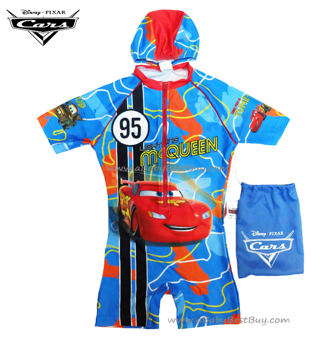 ฮ Size S - ชุดว่ายน้ำเด็กผู้ชาย Disney Cars สีน้ำเงิน บอดี้สูทเสื้อแขนสั้นกางเกงขาสั้น สกรีนลาย Cars มาพร้อมหมวกว่ายน้ำ สุดเท่ห์ ใส่สบาย ลิขสิทธิ์แท้ (สำหรับเด็กอายุ 4-5 ปี)
