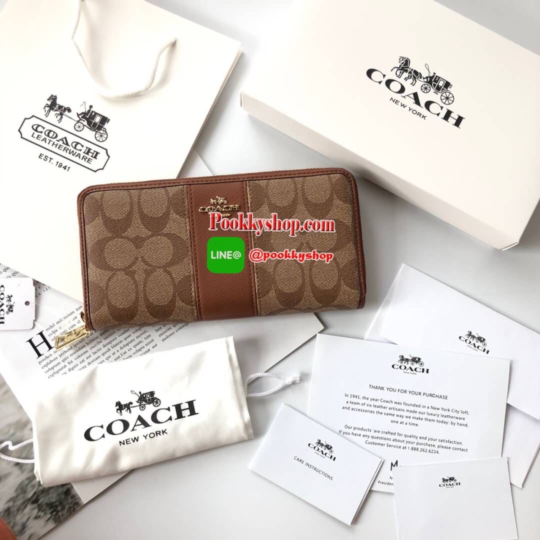 COACH Accordion Zip Wallet in Signature Coated Canvas with Leather กระเป๋าสตางค์ใบยาว เปิด-ปิดกระเป๋าด้วยซิปรอบ ด้านในมีช่องใส่บัตร ช่องใส่ธนบัตร และช่องซิปใส่เหรียญค่ะ