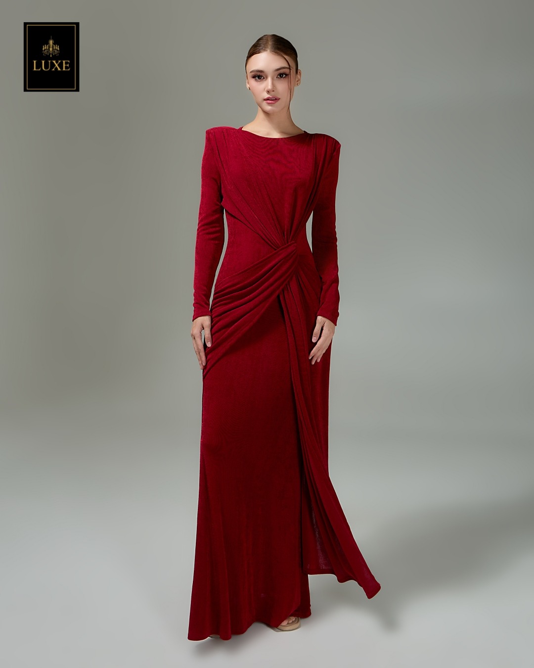 เดรสแฟชั่น แม็กซี่เดรสเสื้อคอกลมแขนยาว เสริมไหล่ กระโปรงยาวคลุมข้อเท้า