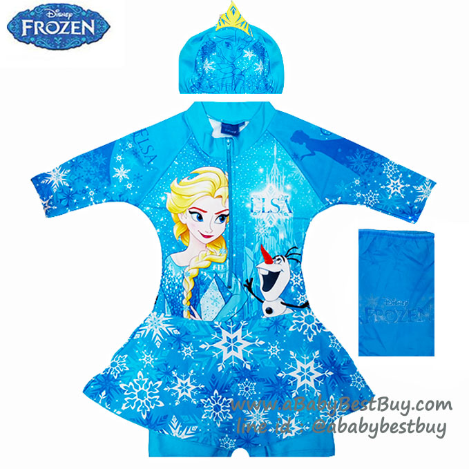 ฮ ( สำหรับเด็กอายุ 6เดือน-14 ปี ) Swimsuit for Girls ชุดว่ายน้ำ เด็กผู้หญิง Disney Frozen บอดี้สูทเสื้อแขนยาว กระโปรงกางเกงขาสั้น สีฟ้า สกรีนลาย เจ้าหญิงเอลซ่า+โอลาฟ มาพร้อมหมวกว่ายน้ำและถุงผ้า สุดน่ารัก ใส่สบาย ดิสนีย์แท้ ลิขสิทธิ์แท้