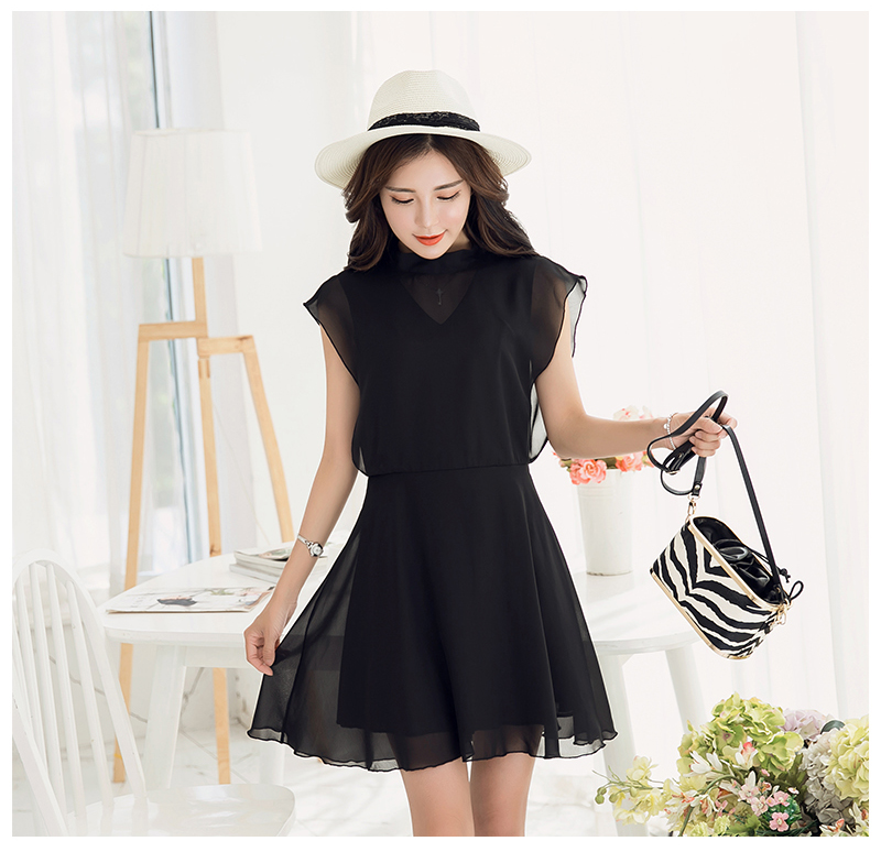 เดรสแฟชั่นคัตติ้ง2ชั้นผ้าชีฟอง ด้านหลังผูกโบว์ DL71 สีดำ