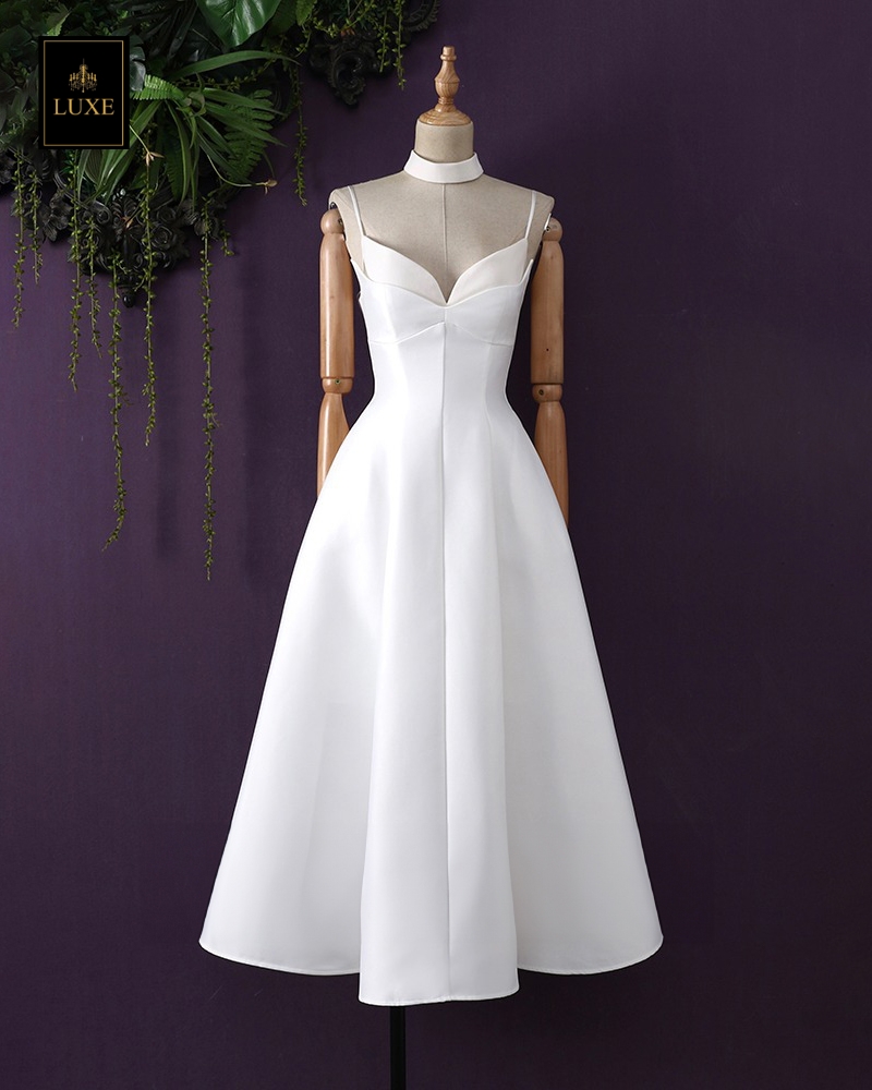 เดรสแฟชั่น เดรสเสื้อสายเดี่ยว ดีเทลหน้าอกโค้ง ซ้อน2เลเยอร์ กระโปรงบานทรงวงกลม