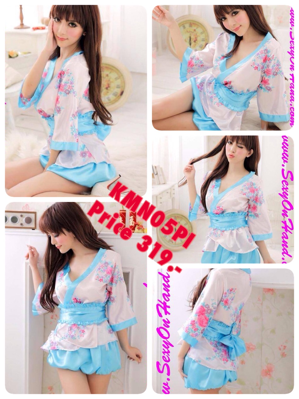 ชุดยูกาตะ กิโมโน เสื้อคลุมญี่ปุ่น กิโมโนสั้น ชมพูอ่อน -ฟ้า กระโปรงฟ้าทรงบอลลูน น่ารักใสๆ หวานๆ ชวนให้ค้นหา + ที่รัดเอว และ G-string เข้าชุดคะ