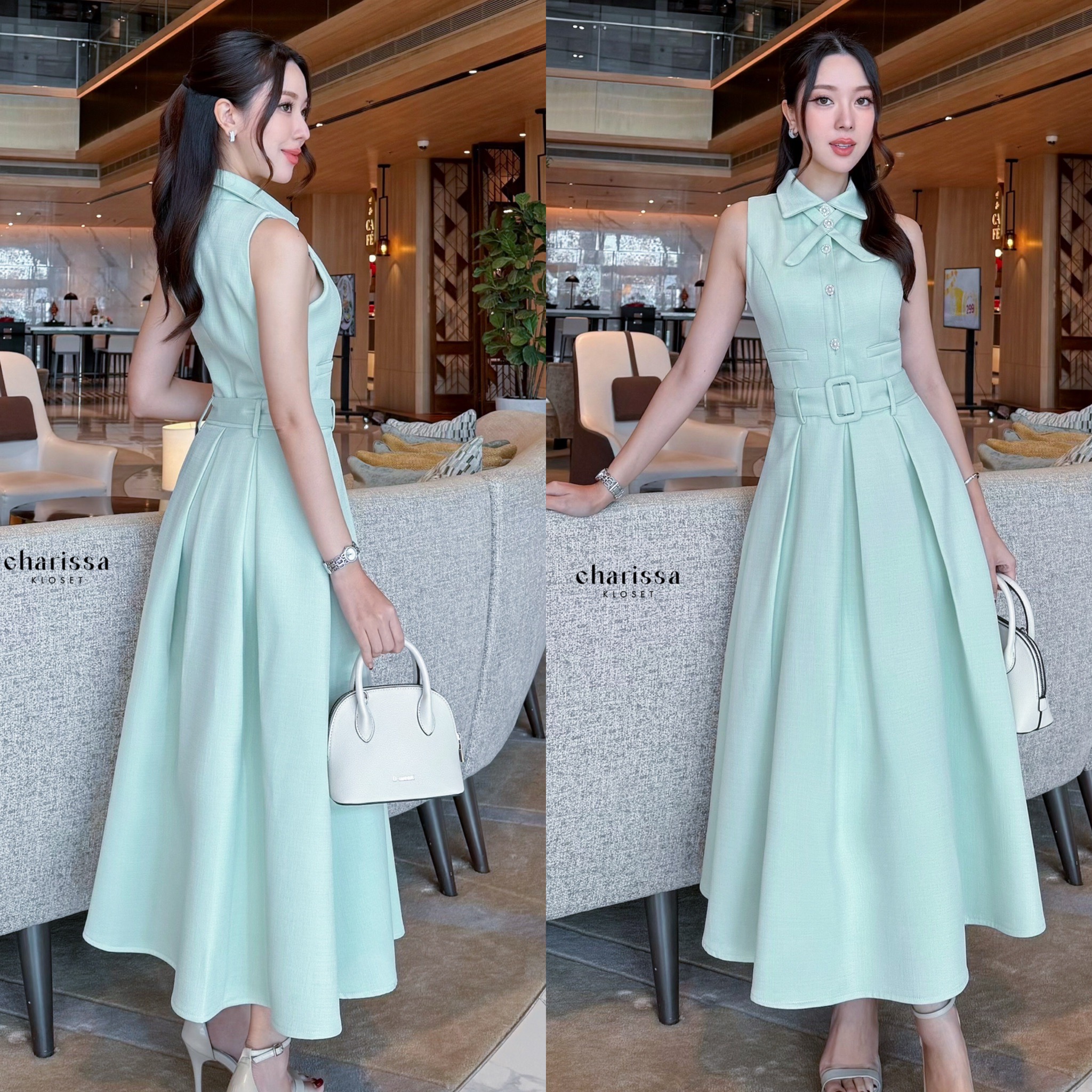 เดรสแฟชั่น เดรสผ้าพรีเมี่ยม มาพร้อมเข็มขัดและโชเกอร์