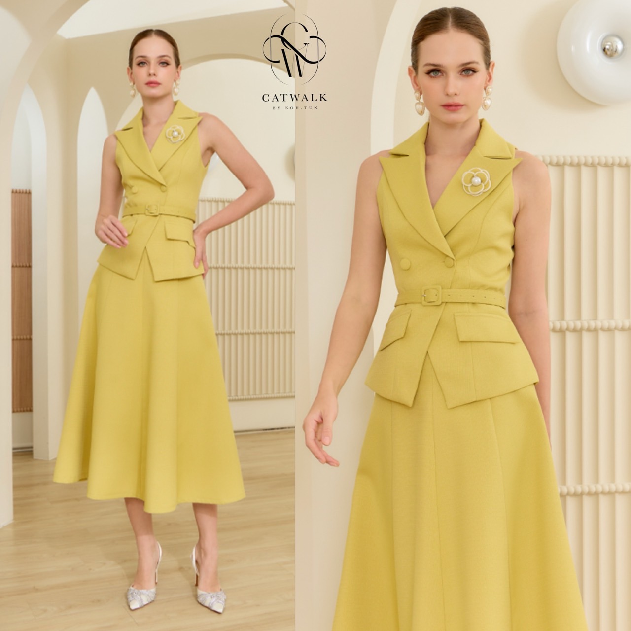 ชุดเซทแฟชั่น เซตสูทแขนกุดเข็มขัด+กระโปรงทรงย้วย เนื้อผ้าเกรดเอ ผ้าทอมีลายในตัว