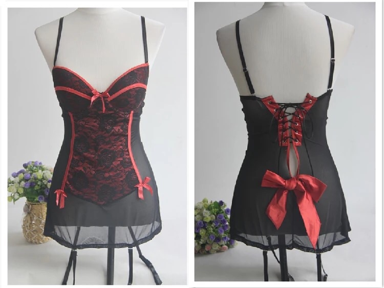 ชุดคอร์เซ็ต เดรสสั้น ชุดรัดทรง สไตล์คอร์เซ็ต แต่งริบบิ้นผูกหลัง สีดำ แต่งขลิบลูกไม้ส้ม มีดันทรงในตัว +สายรัดถุงน่อง Size M (B75 /C70) งานนอก สวยเทพเลยคะ
