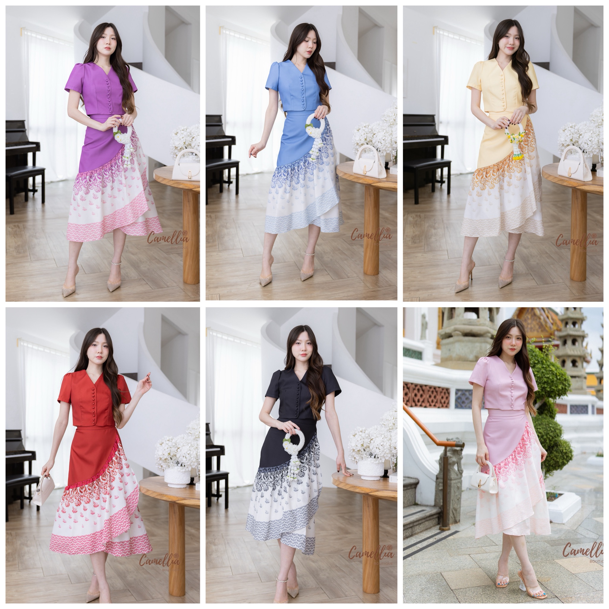 ชุดเซทแฟชั่น ชุดSet เสื้อคอปีนกระดุมหน้าสวยละมุนมากคะ มาคู่กับกระโปรงผ้าลายไทย