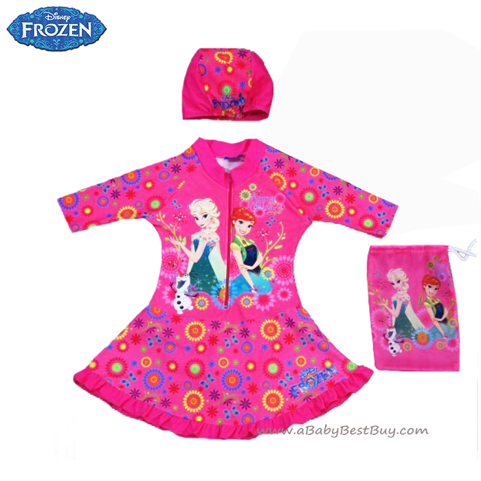 ฮ (สำหรับเด็กอายุ 6เดือน-14 ปี) ชุดว่ายน้ำเด็กผู้หญิง Disney Frozen Fever ชุดกระโปรงซิบหน้า สีชมพู เสื้อแขนยาว สกรีนลาย เจ้าหญิง อันนา เอลซ่า มาพร้อมหมวกว่ายน้ำและถุงผ้า สุดน่ารัก ใส่สบาย ดิสนีย์แท้ ลิขสิทธิ์แท้