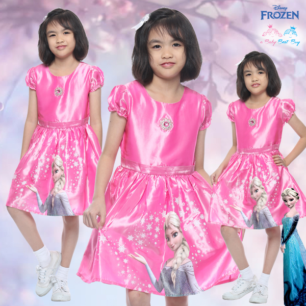 ชุดเดรสราตรีกระโปรงบานสีชมพู แขนตุ๊กตา ลายเจ้าหญิงเอลซ่า ดิสนีย์แท้ ลิขสิทธิ์แท้ (สำหรับเด็ก4-6-8-10 ปี)