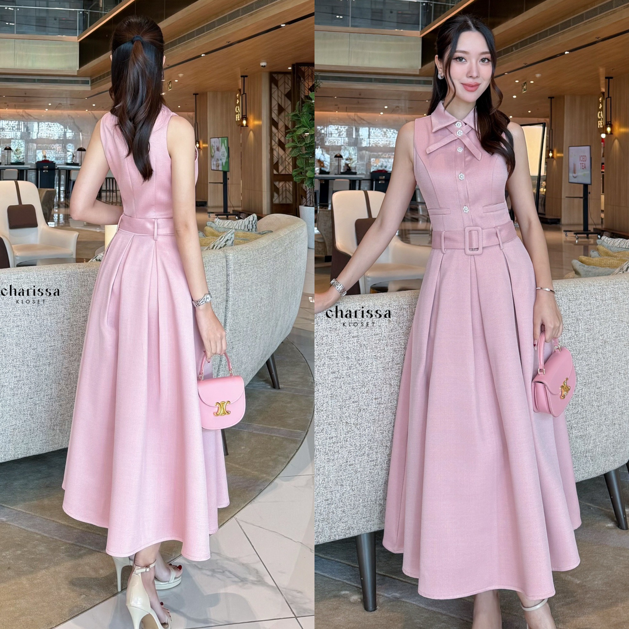 เดรสแฟชั่น เดรสผ้าพรีเมี่ยม มาพร้อมเข็มขัดและโชเกอร์