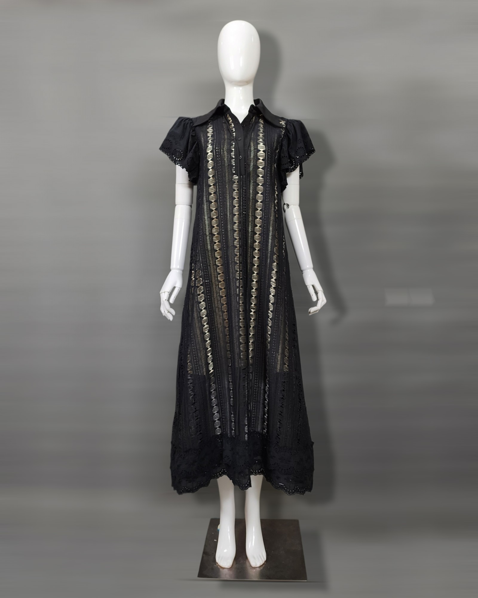 เดรสแฟชั่น เดรสเสื้อคอปกแขนระบาย กระโปรงทรงเอ แพทเทิร์นตัวหลวมใส่สบาย