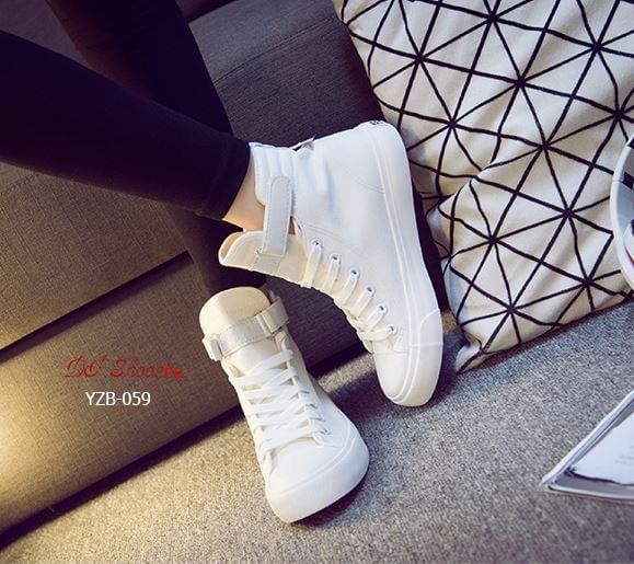 สินค้าพร้อมส่ง รองเท้าผ้าใบหุ้มข้อนำเข้า สไตล์เกาหลี วัสดุผ้าแคนวาส พื้นหนัง PU แถบรัดข้อแบบเมจิกเทป สวมใส่ง่าย คุณภาพดีคุ้มราคาจ้า