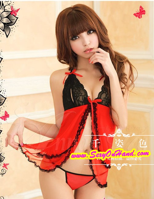 ชุดนอน ซีทรู ชุดนอนเซ็กซี่ ชุดนอน คล้องคอ เนื้อชีฟอง แต่งริบบิ้น สีแดงดำ แต่งขอบระบายชุด ด้วยผ้าชีฟอง แบบชุดแหวกช่วงอก ผ่าหน้า เพิ่มความเซ็กซี่แบบเปรี้ยวจี๊ดส์ เข็ดฟันสุดๆคะ +G string เข้าชุดคะ