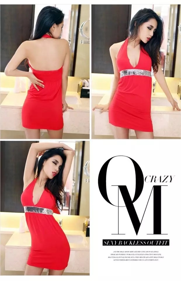 ชุดเดรส เดรสสั้นออกงาน ชุดเที่ยว เดรสคล้องคอสีแดง แต่งเลื่อมช่วงอก เปลือยหลังเก๋ไก๋ สวยแซ่บมากค