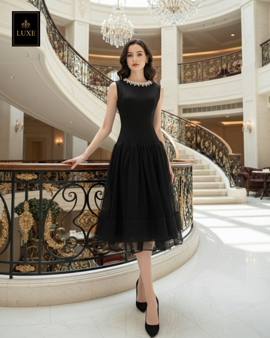 เดรสแฟชั่น เดรสเสื้อคอกลมแขนกุด กระโปรงบาน แต่งลูกปัดมุกรอบคอเสื้อ