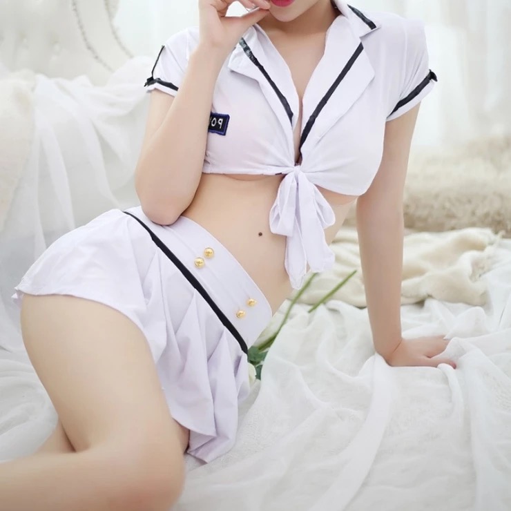 ชุดคอสเพลย์ ตำรวจสาว สีน้ำเงิน ชุดยูนิฟอร์ม กะลาสีเรือ สีน้ำเงิน แต่งเอวลอย กระโปรงจีบพีซ สวย เก๋ สำเนา