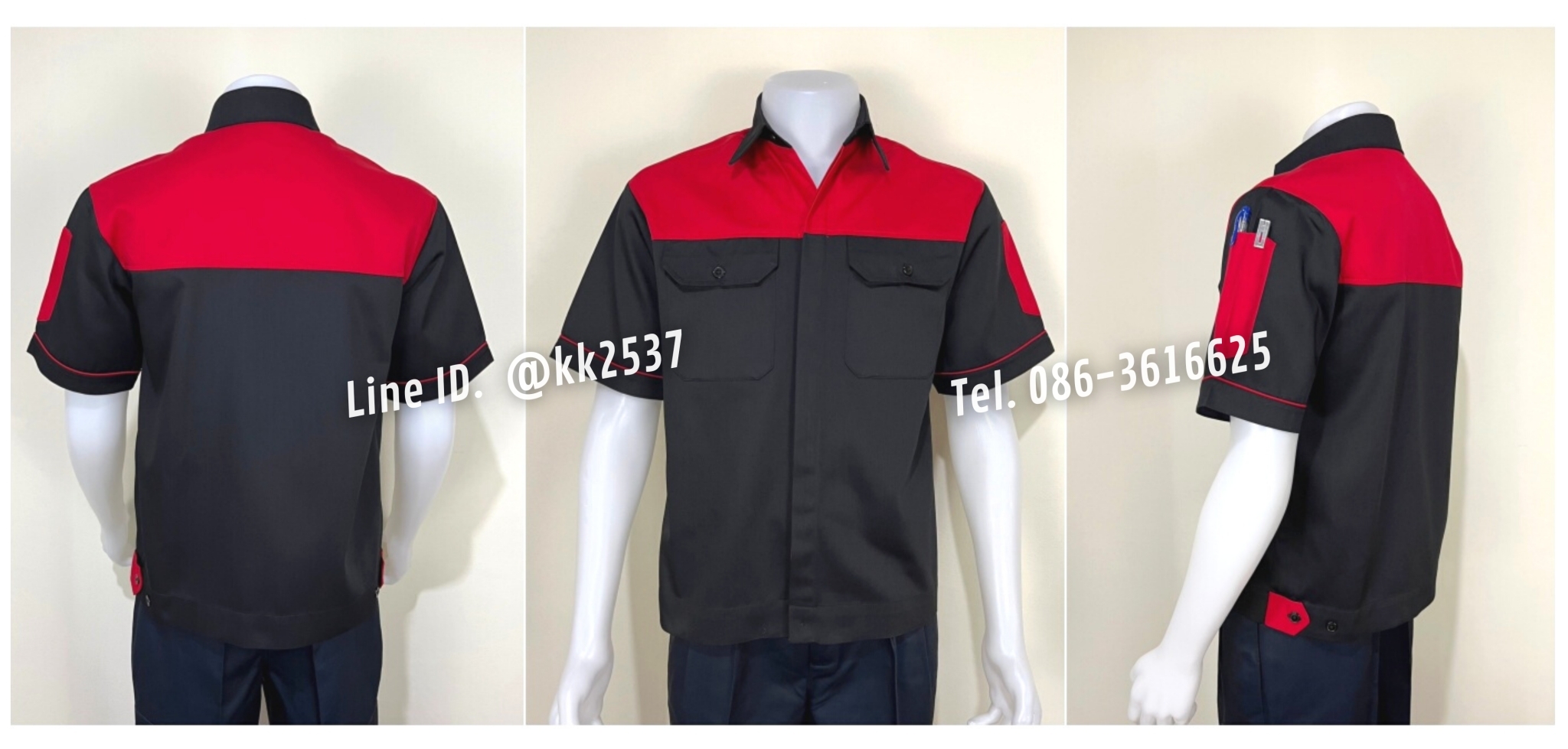 รหัส A 203 เสื้อช่างแขนสั้นแบบกรมอกแดงกระดุมซ่อนสาบ(สั่งตัด)