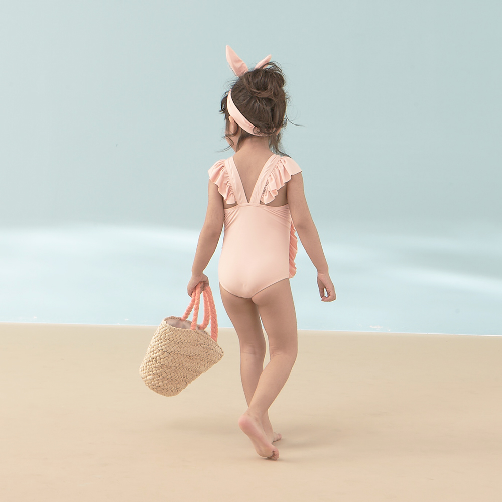 kidsumplay oneshoulder ruffle ชุดว่ายน้ำเด็กหญิงป้องกัน UV แบบระบายไหล่และข้าง