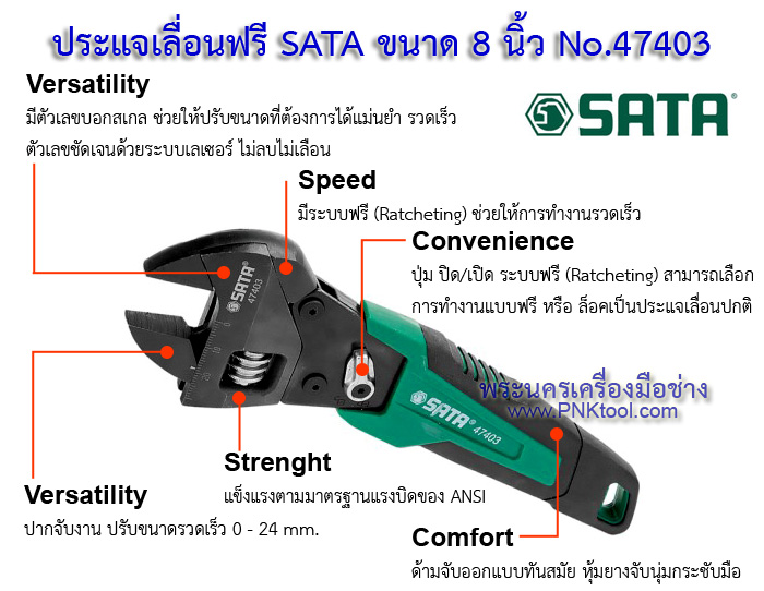 ประแจเลื่อนฟรี SATA ขนาด 8 นิ้ว No.47403