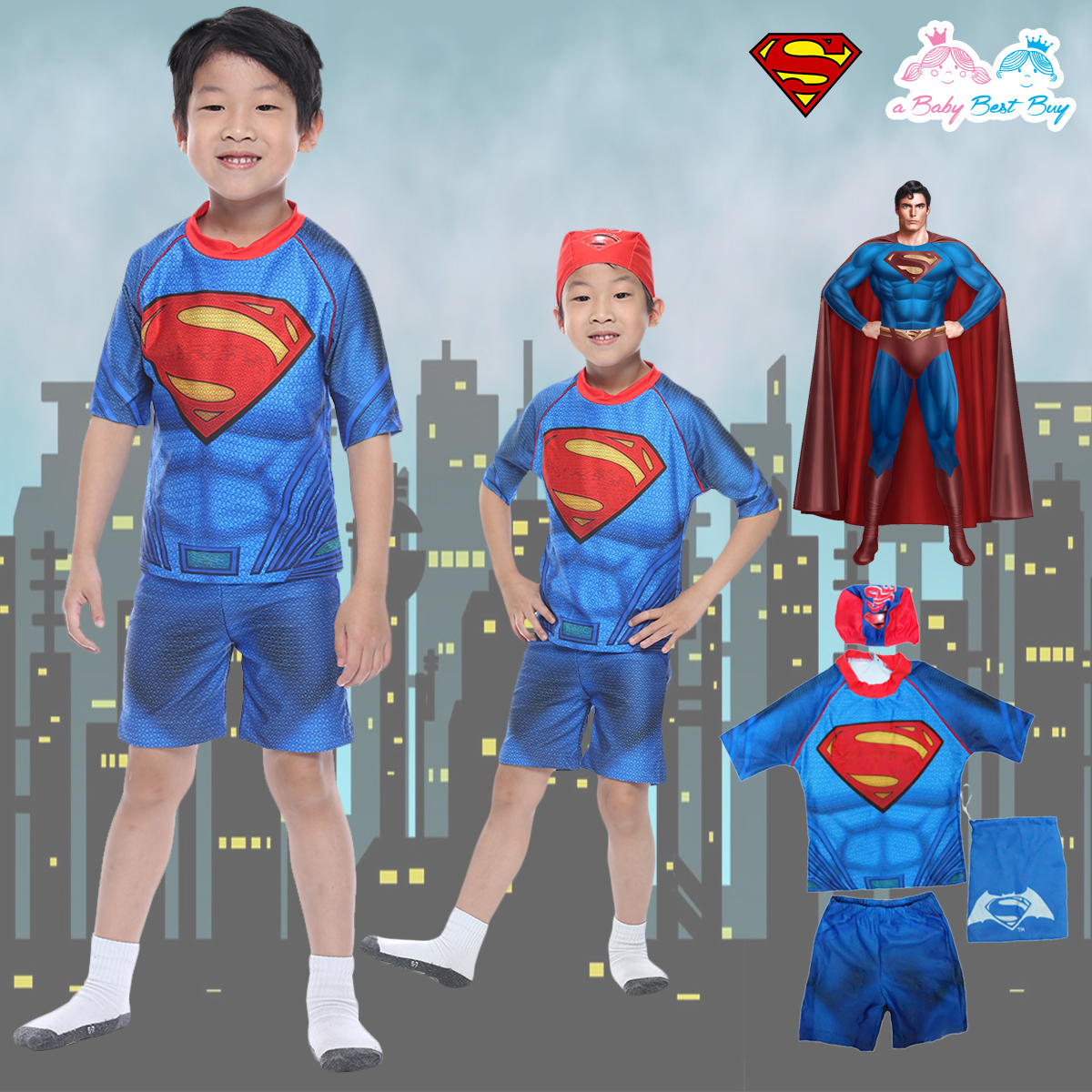 "( For Kids ) Swimsuit for Boys Superman แยกชิ้น เสื้อแขนสั้น + กางเกง ขาสั้น ลายซุปเปอร์แมน สีน้ำเงิน มาพร้อมหมวกว่ายน้ำและถุงผ้า สุดเท่ห์ ใส่สบาย ลิขสิทธิ์แท้