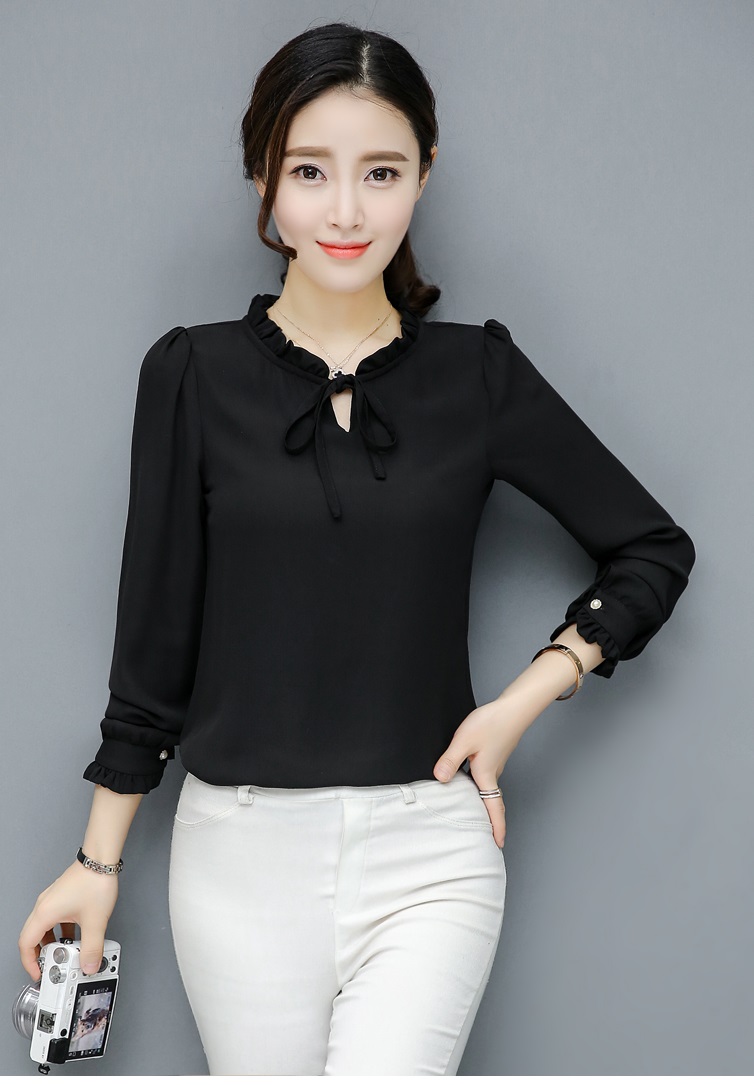 เสื้อแฟชั่น แขนยาว คอระบาย สายผูกโบว์ ผ้าชีฟองแบบหนา ใส่ทำงานได้ สีดำ