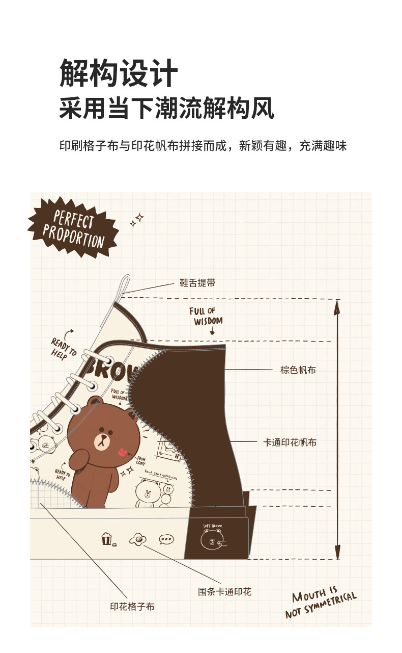 Line Friends รองเท้าผ้าใบหุ้มข้อ พื้นยาง สกรีนลายหมีบราวน์ โคนี่ น่ารัก พื้นนิ่มใส่สบาย