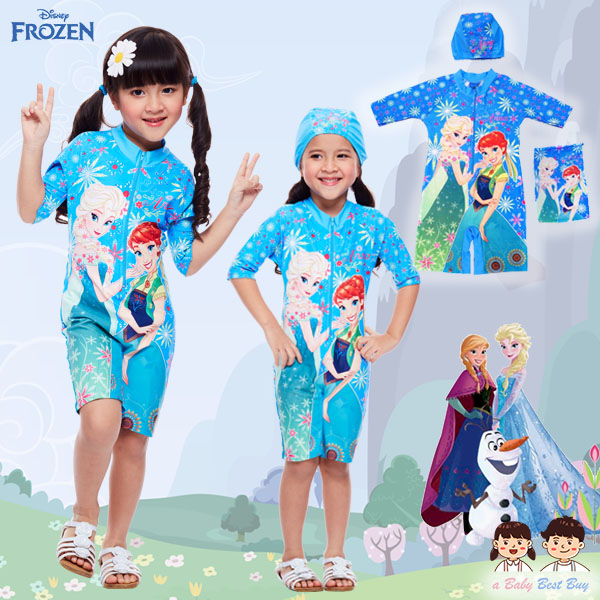 (สำหรับเด็กอายุ 6เดือน-14 ปี) Swimsuit for Girls ชุดว่ายน้ำ เด็กผู้หญิง Disney Frozen Fever ชุดบอดี้สูทซิบหน้า สีฟ้า เสื้อแขนยาวกางเกง สกรีนลาย เจ้าหญิง อันนา เอลซ่า มาพร้อมหมวกว่ายน้ำและถุงผ้า สุดน่ารัก ใส่สบาย ดิสนีย์แท้ ลิขสิทธิ์แท้