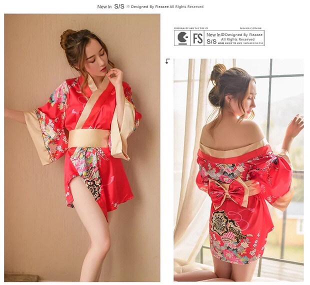 ชุดกิโมโน ซากุระ สีแดง ทอง แต่งสายคาด โบว์สำเร็จรูป สำเนา สำเนา