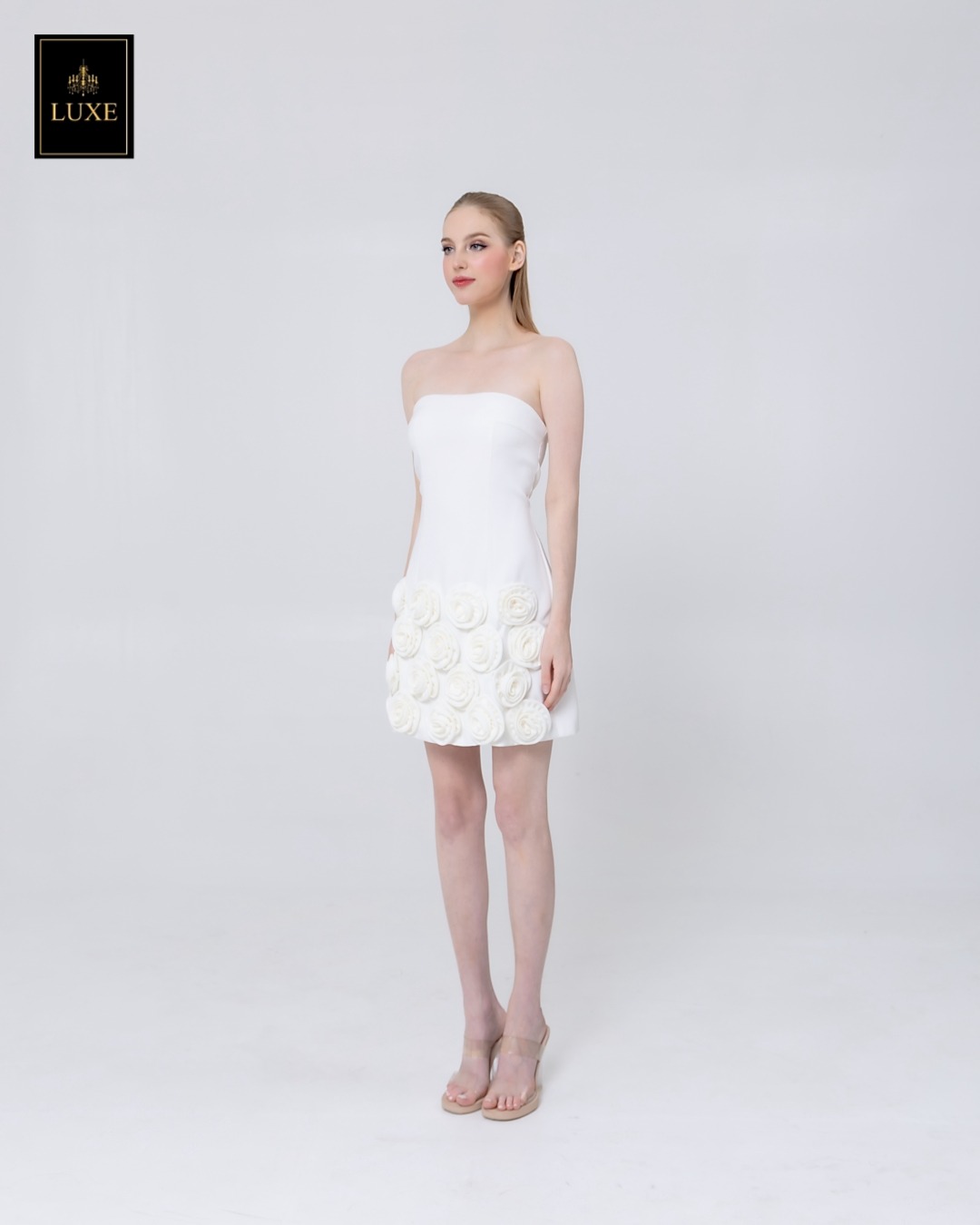 เดรสแฟชั่น เดรสเสื้อเกาะอก กระโปรงทรงเอ ทำจากผ้าฝ้ายผสมโพลีเอสเตอร์ เนื้อนุ่มยืดหยุ่น ใส่สบาย