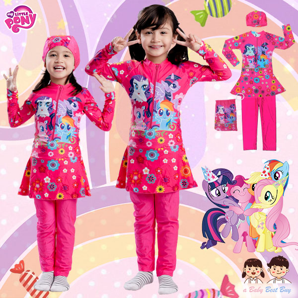 ฮ " Swimsuit for Girls My Little Pony บอดี้สูท เสื้อแขนยาว กระโปรงกางเกงขายาว มาพร้อมหมวกว่ายน้ำ สุดน่ารัก ลิขสิทธิ์ฮาสโบแท้