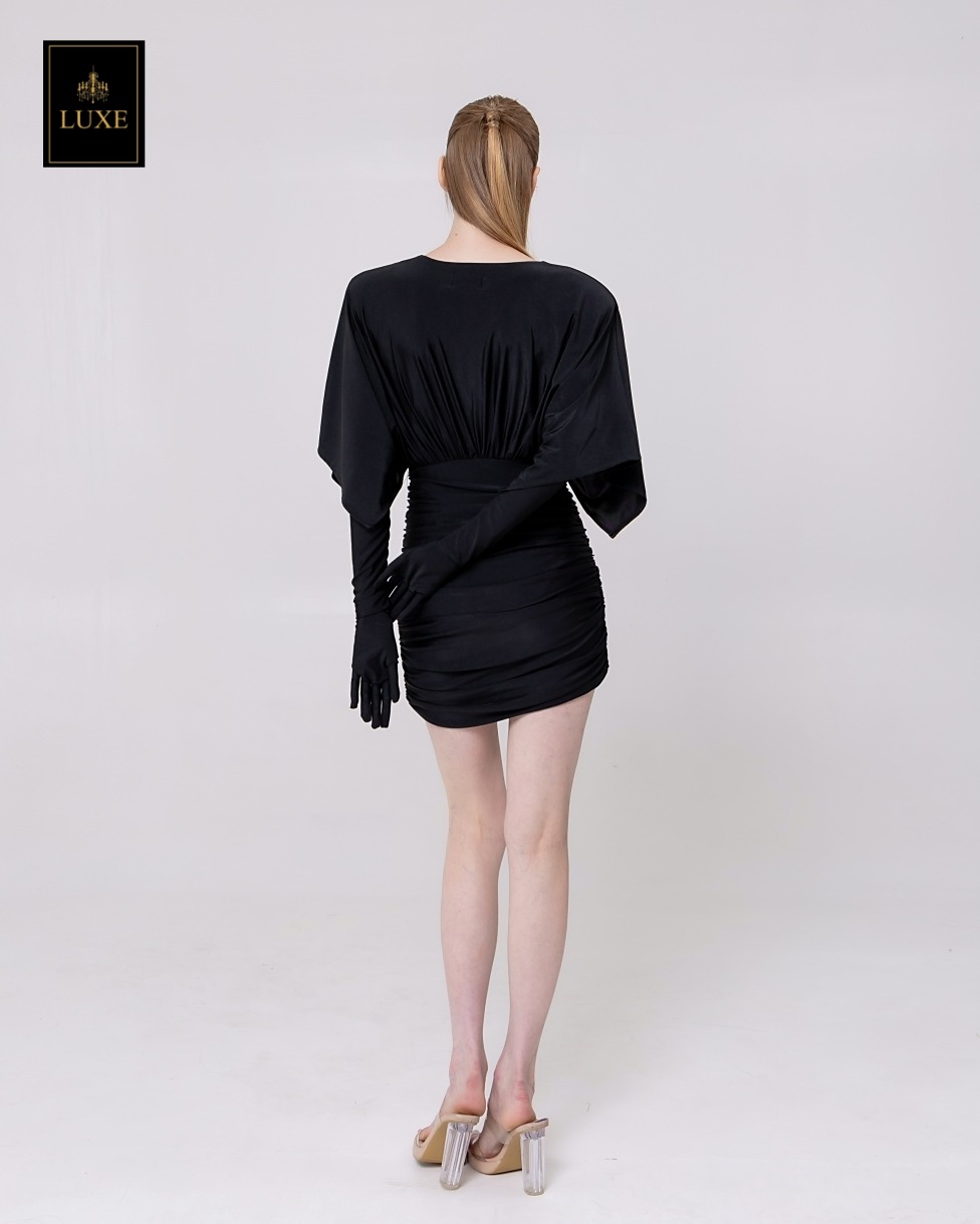 เดรสแฟชั่น เดรสกระโปรงเข้ารูป เสื้อคอวีแขนในตัว มาพร้อมถุงมือยาว