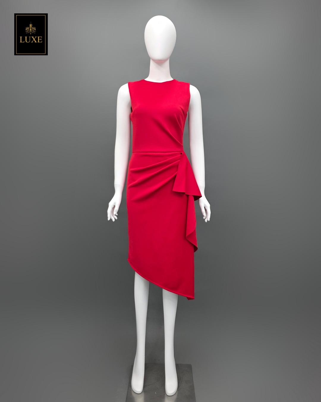 เดรสแฟชั่น เดรสเสื้อคอกลมแขนกุด กระโปรงทรงสอบ แต่งระบายข้าง ปลายเฉลียง