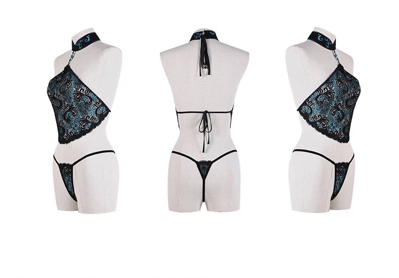 ชุดนอน คล้องคอ กึ่งคอร์เซ็ต ลายแพนนกยูงสีเขียว แต่งลายสวย หรูมากคะ+ถุงน่อง+ จีสตริงเจ้าชุด สำเนา