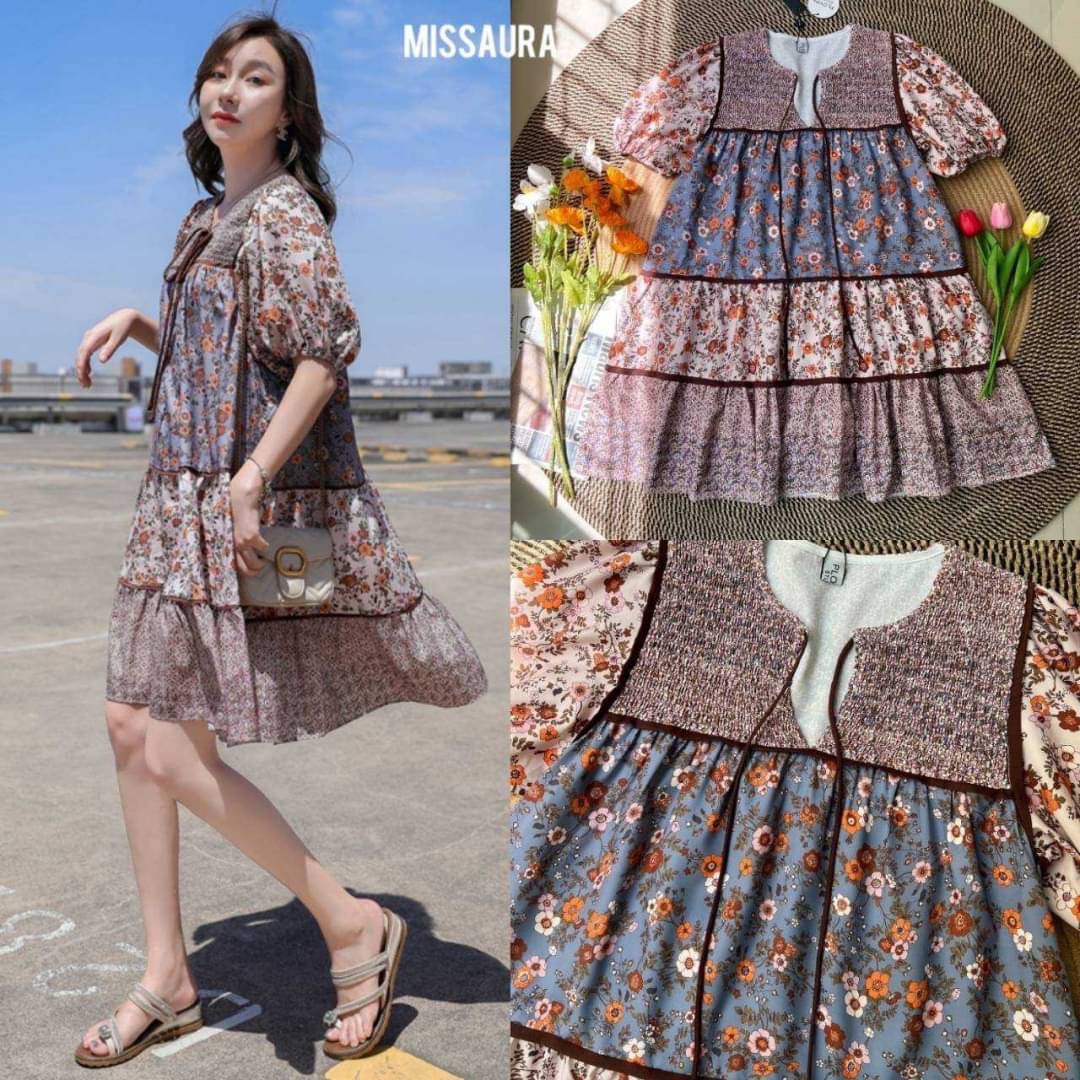 🍂Romaine Dress🍂 เดรสเกาหลี โทนสีน้ำตาลช่วงฤดูใบไม้ผลิบาน สวยมากก สีน้ำตาลส้มโทนอุ่นๆ ดีเทลน่ารักเข้ากับลายผ้า คอสม๊อคกุ้นขอบทั้งตัว แขนบอลลูนพอง กระโปรงระบายออกเป็นชั้นๆ เพิ่มความหวานให้ตัวเดรส ลายผ้าสลับกันสวยมากค่า ซัมเมอร์นี้ห้ามพลาดน้อ