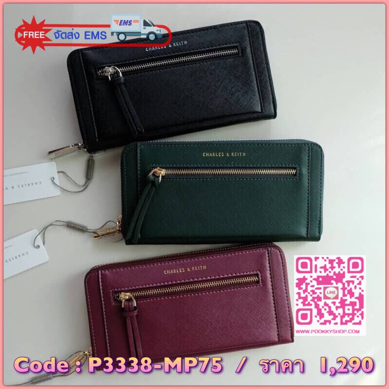 Charles & Keith Front Zip Detail Wallet กระเป๋าสตางค์ใบยาว วัสดุหนังลาย Saffiano ด้านหน้ามีช่องซิป 1 ช่อง หัวซิปตกแต่งด้วยพู่หนัง เปิด - ปิดกระเป๋าด้วยซิปรอบ ภายในมีช่องใส่บัตรหลายช่อง มีช่องใส่ธนบัตร และช่องซิปสำหรับใส่เหรียญ
