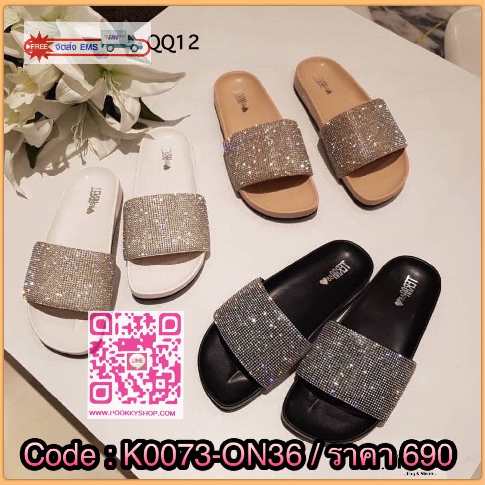 New in....รองเท้าแตะสวมประดับเพชรสไตล์แบรนด์ เพชรวิบวับสวยวิ้ง ตัดสีพื้นเรียบหรู งานใส่สบาย เสริมพื้นซัพพรอตเท้าได้ดีมากค่ะ